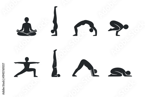 Collection of eight stylized yoga poses and asanas depicted as black silhouettes on white