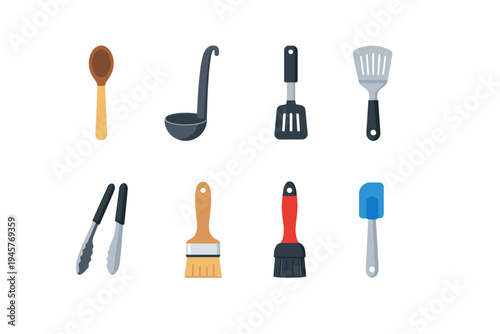 Collection of eight colorful kitchen utensils and cooking tools on a white background