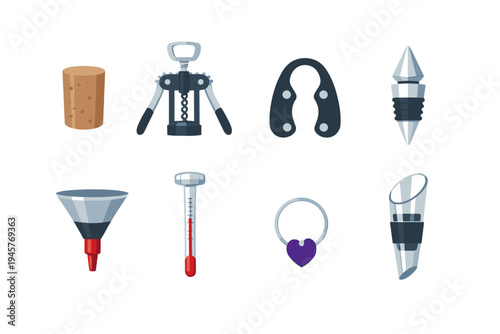 Collection of wine accessories including corkscrew, stopper, funnel, and thermometer