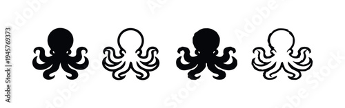 Octopus Icon Set. Black Silhouette and Outline Marine Animal Symbols on White Background.