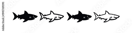 Shark Icon Set. Black Silhouette and Outline Marine Predator Symbols with Sharp Teeth.