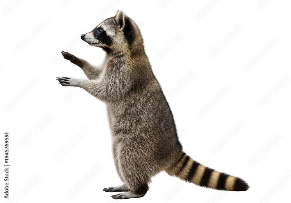 Obraz premium Cute raccoon standing on hind legs with raised paw isolated on transparent background,png,PNG