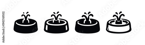 Round Pet Water Fountain Icon Set - Animal Hydration Bowl with Bubbling Water