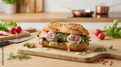 A sandwich is placed on a wooden cutting board in a kitchen. It includes salad greens, and slices of radish. There are tools and ingredients around it.