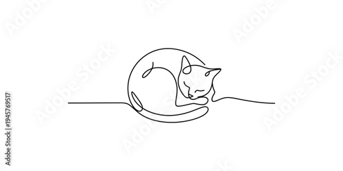 A serene line drawing of a cat curled up and sleeping peacefully peaceful animal pet
