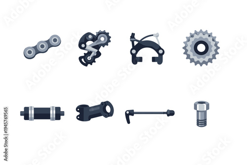 Collection of bicycle parts and components isolated on a white background