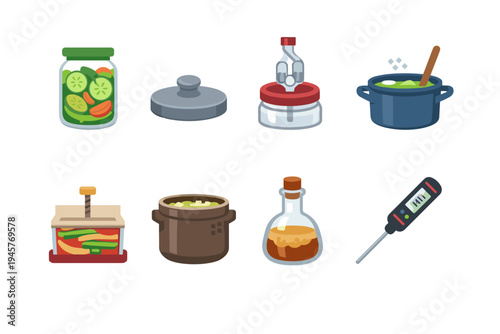 Collection of kitchen tools and ingredients for fermentation and preservation