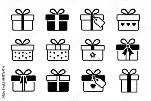 Versatile collection of outlined and filled gift box illustrations for festive designs