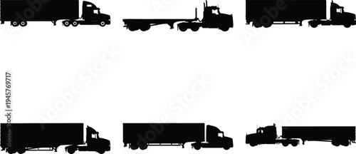 Assortment of six black silhouette semi-trailer trucks, including a flatbed, on a white background, representing diverse freight capabilities.