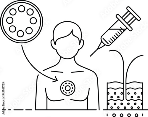 Stem cell therapy and skin regeneration concept with injection syringe human body cells dermatology treatment line vector illustration