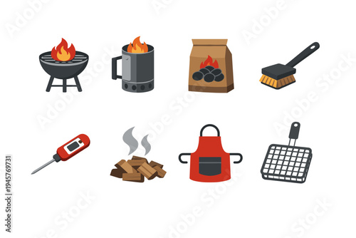 Collection of barbecue and grilling accessories and tools for outdoor cooking