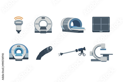 Collection of medical imaging and surgical equipment icons for healthcare technology