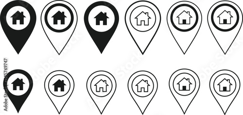 Home Location Pin Icon Set Vector Collection with House Symbols Map Markers Real Estate Navigation Pins Black and Outline Style Illustration
