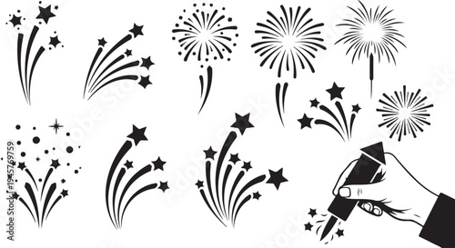 Fireworks and Sparklers in Black and White Vector Graphics