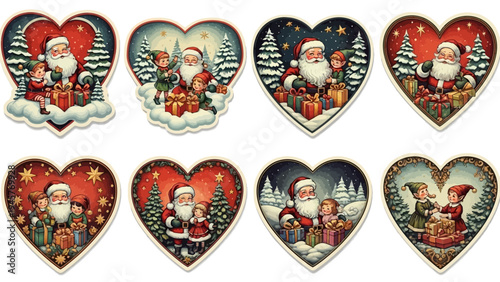 Christmas heart stickers santa claus and elves with holiday gifts and decorations