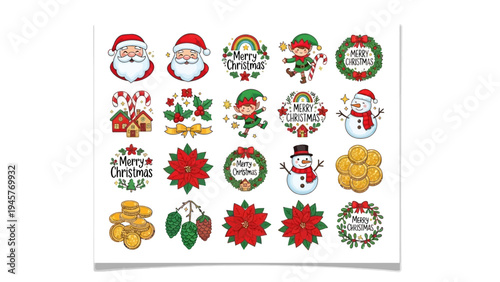 Christmas festive stickers collection with santa claus elf snowman poinsettia