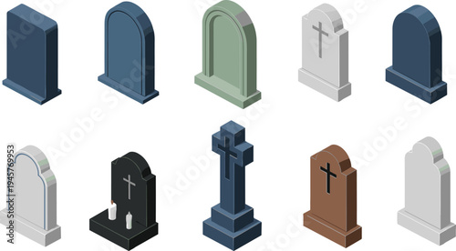 Isometric tombstone set, graveyard headstones with cross, cemetery memorial monuments, funeral burial icons, granite grave markers, spooky halloween vector illustration.