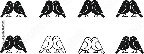 Love, birds, couple, icon, silhouette, romantic, sparrow, pair, minimal, cute, wildlife, nature, valentine, vector, illustration, symbol, relationship, decorative, set, design