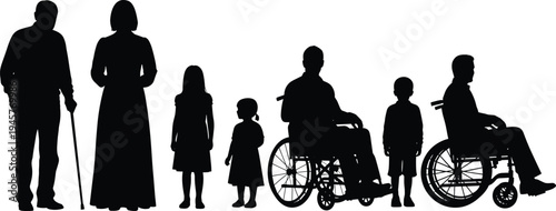 Family and disabled people silhouettes set, wheelchair users elderly and children standing together, inclusive society concept, disability support and community illustration