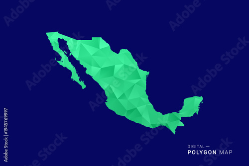 Mexico Map - low poly polygon vector, geometric triangulated silhouette in green and blue tones, clean modern style, isolated background for infographic use.