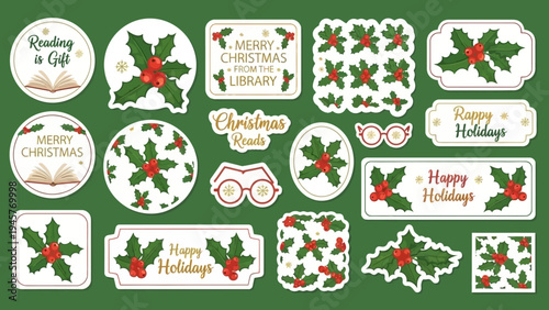 Christmas holiday stickers with festive holly berries and decorative designs