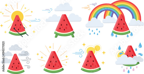 Cute watermelon weather icons vector set with sun, clouds, rainbow, rain, wind, and summer fruit themed forecast illustrations