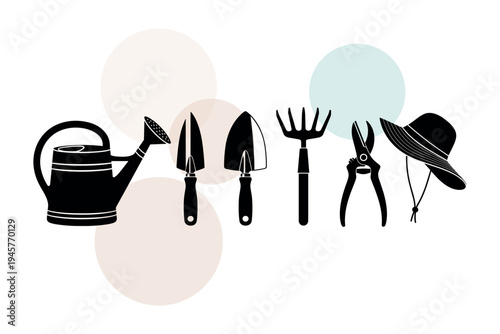 Silhouette set of gardening accessories including two types of hand trowels watering can pruners and floppy sun hat for professional landscaping vector illustration design