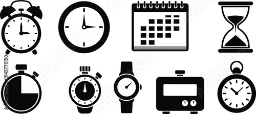 Time and Clock Icon Set Vector Collection with Alarm Clock Wall Clock Calendar Hourglass Stopwatch Watch Timer Flat Black Silhouette Illustration