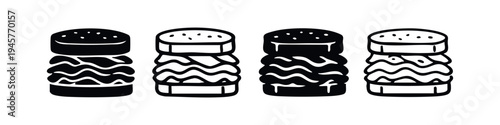 Stacked burger icon set in doodle style. Fast food illustrations with round buns and fillings.