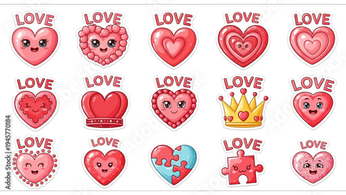 Collection of decorative heart shaped stickers for romantic designs and greeting cards