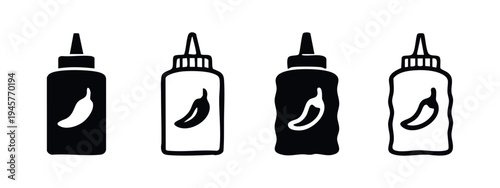 Chili sauce bottle icon set. Spicy condiment packaging in various styles, isolated on white background.