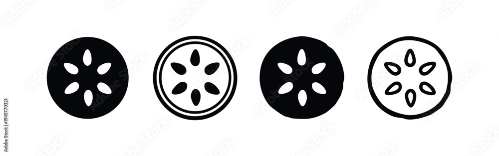 Fototapeta premium Cucumber Slice Icon Set, Vegetable or Fruit Cross Section Symbols, Fresh Food Elements Vector