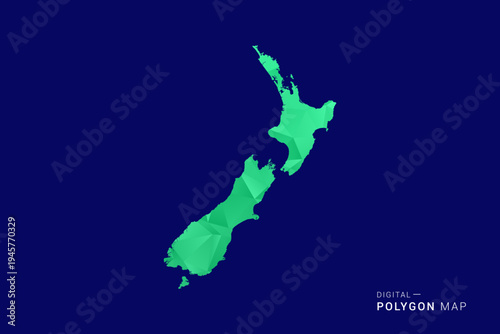 New Zealand Map - low poly polygon vector, geometric triangulated silhouette in green and blue tones, clean modern style, isolated background for infographic use.
