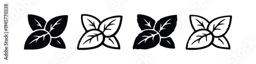 Basil Leaves Herb Ingredient Icons Set.