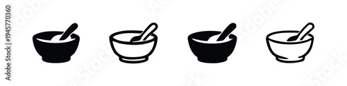 Mortar and Pestle Icon Set for Grinding Spices.