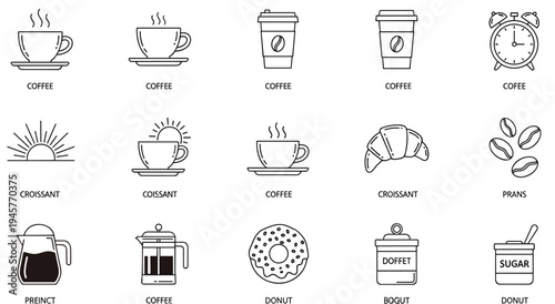 Breakfast icon collection illustration, coffee cup bean donut croissant vector, morning food graphic design, cafe symbol artwork, culinary clipart resource