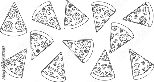 Hand Drawn Pizza Slice Doodle Vector Set with Various Toppings Pepperoni Mushroom Cheese Outline Food Illustration for Menu Design Restaurant Branding and Packaging