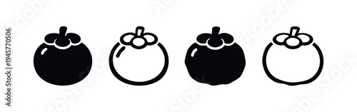 Mangosteen fruit icon set, depicting solid and outlined tropical mangosteen with its characteristic calyx.