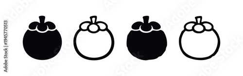 Mangosteen fruit icon set, depicting solid and outlined tropical mangosteen with its characteristic calyx.