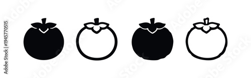 Persimmon fruit icon set, with solid and outlined variations of the ripe fruit and its calyx.