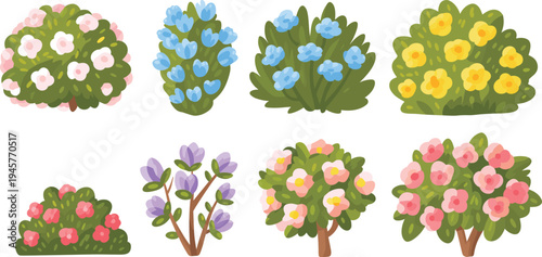 Colorful cartoon flower bushes and blooming garden plants collection in flat hand drawn style decorative botanical illustration set for spring nature themes and landscaping design