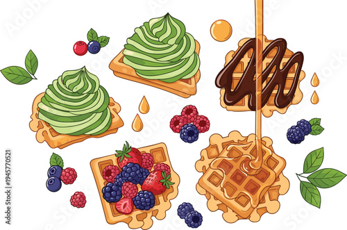 Delicious waffle dessert vector set with berries, chocolate, honey syrup and green cream topping sweet breakfast illustration
