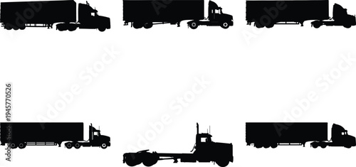 Set of six black silhouette semi-trailer trucks, illustrating diverse trailer configurations and truck cab styles for freight and logistics services.