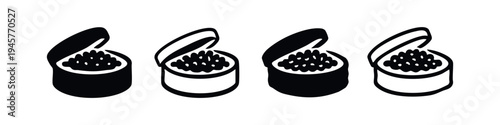 Set of black and white icons featuring open tins filled with caviar, luxury food concept.