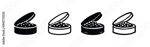 Open caviar tin cans in various black and white icon styles, gourmet food illustration set.