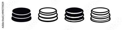 Abstract stacked circular objects, like coins or discs, presented as black and white icons.