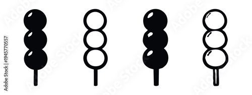 Dango or Japanese skewer of three round balls, black and white icon set.