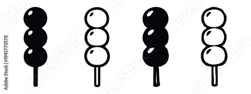 Dango Sweet Dumpling Stick Icon Set. Traditional Japanese Dessert Silhouette and Outline Vector Illustration.