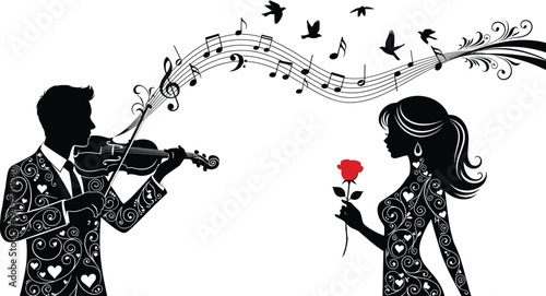 Romantic violin music love illustration, man playing violin for woman with rose, musical notes birds Valentine romance silhouette
