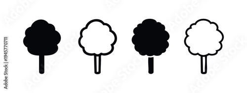 Set of stylized tree icons or cotton candy shapes in flat and outline styles. Nature and sweet food symbols.